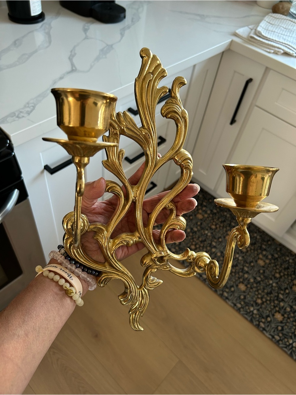 Vintage Brass-Color Ornate Wall Sconce W/ 2 Candle Holder - Gold Finish